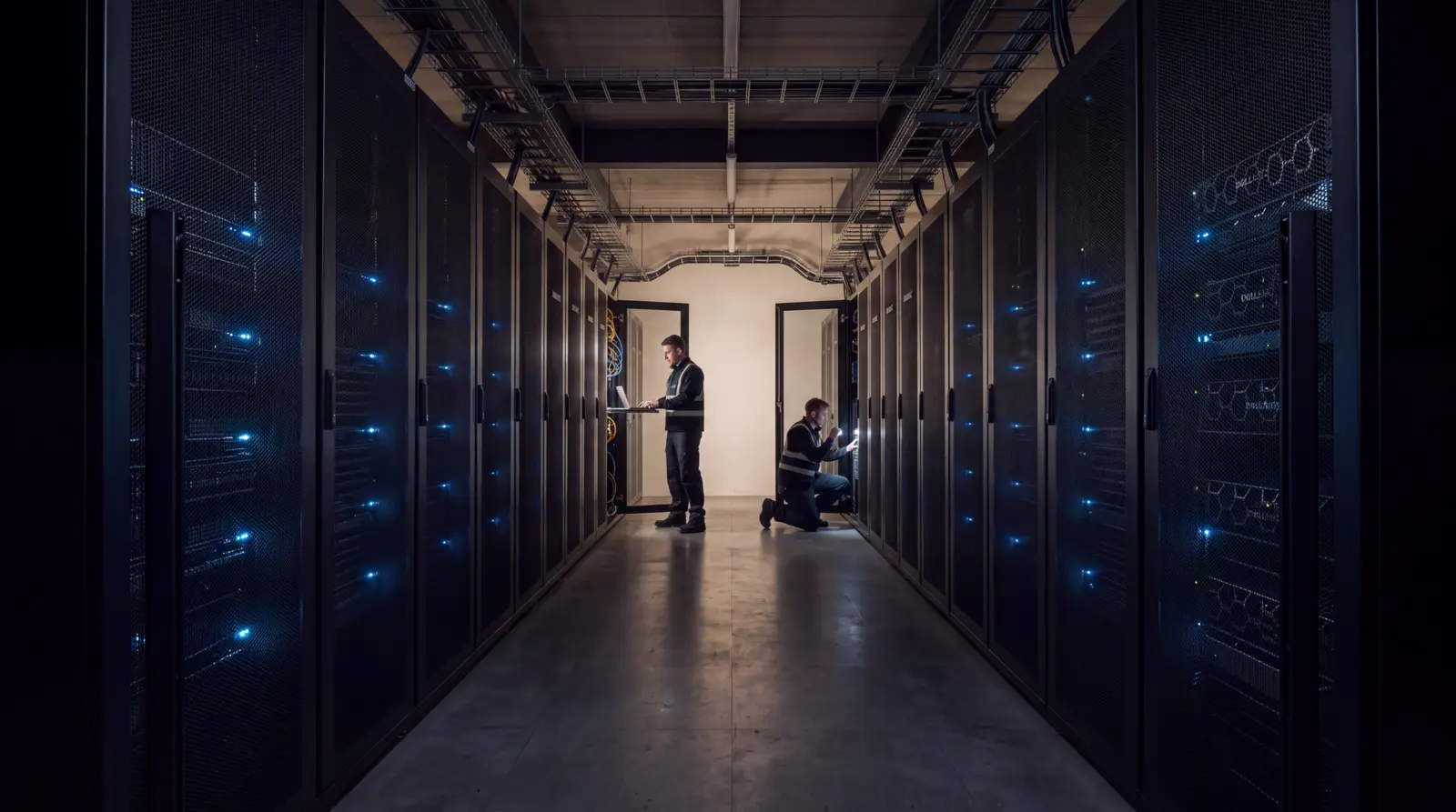Operarios revisando racks en un centro de datos europeo