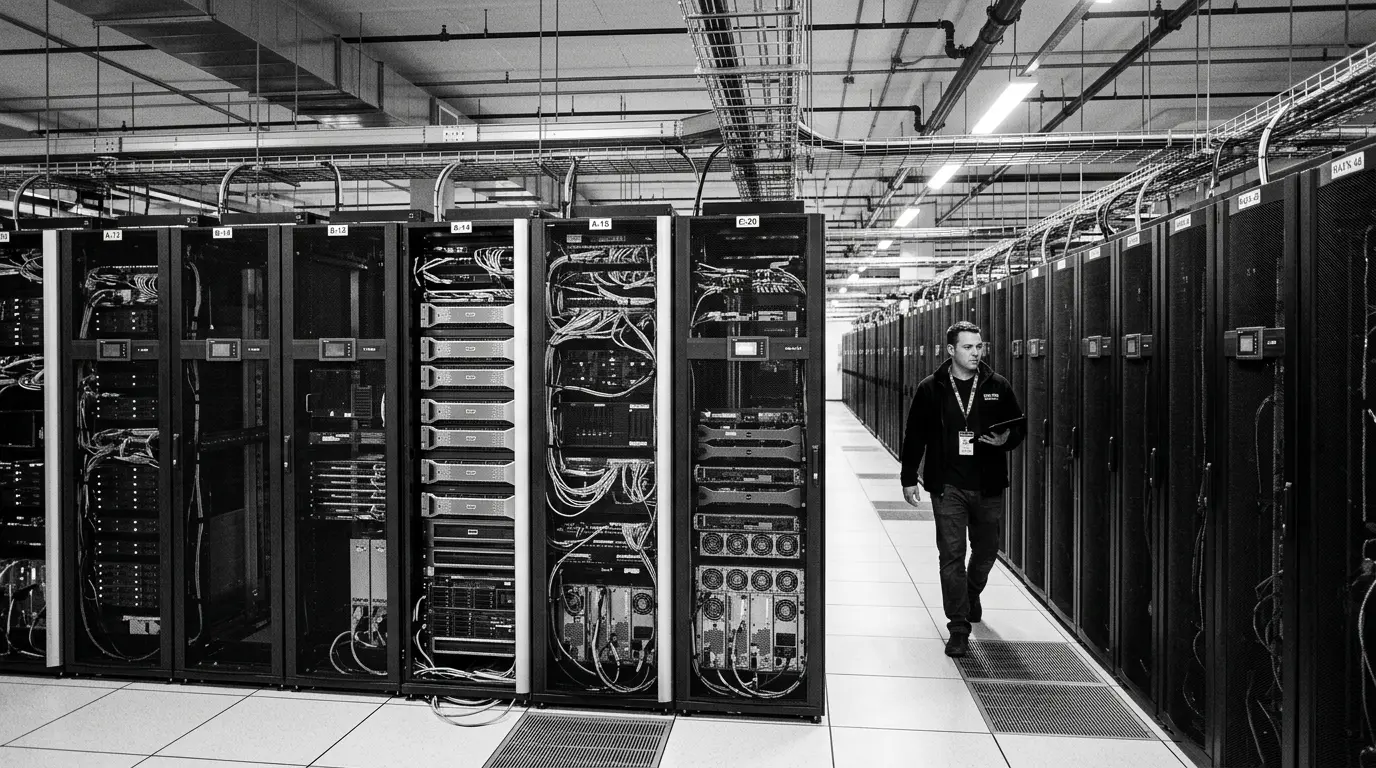 Técnico revisando racks de servidores en un centro de datos