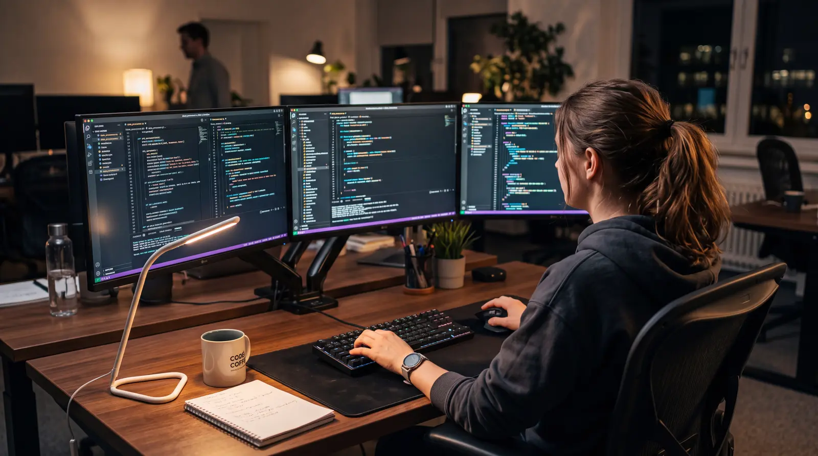 Desarrollador trabajando sobre múltiples monitores