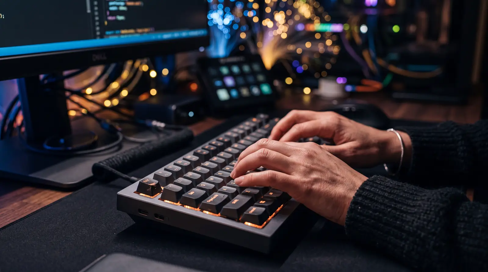 Manos escribiendo en un teclado mecánico