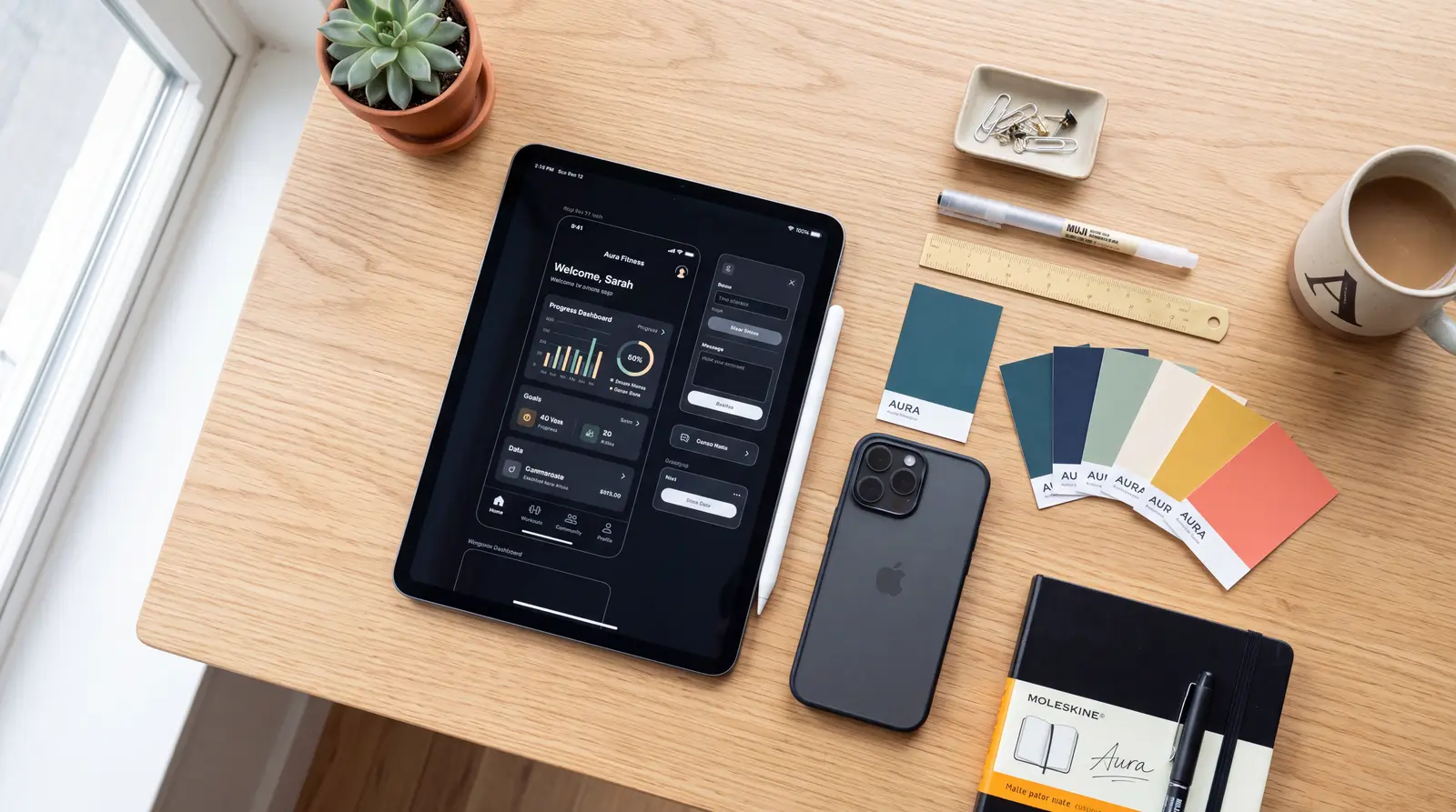 Mesa de diseño con tablet mostrando una interfaz de app móvil